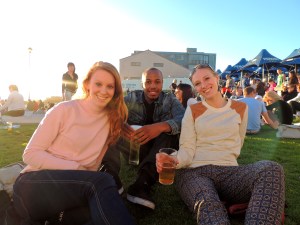 Sofia, Dan, and me having a drink on the law of The Blue Peter