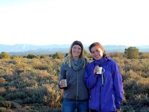 Thea and me enjoying a sunrise coffee before going out to the meerkat burrows