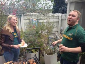 Dan and I manning the grill. You can see my awesome/giant burger in the top right hand corner getting its char on.