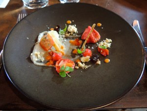 First course - Test Kitchen tomato, black sesame and aubergine puree, burnt aubergine jelly, goats cheese and aged balsamic