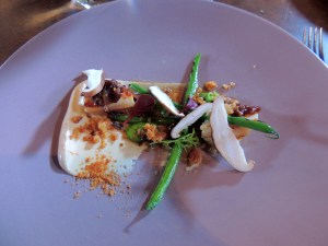 Second course - Grilled scallop, asparagus, tofu miso suke, braised scallop dressing, miso on toast, braised shitake, raw shitake. These were the best scallops of my life.