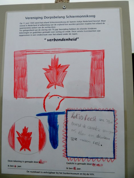The random Canadian flag drawing we found. Via google translate, the typed part reads: On 11 June 1945, the island Schiermonnikoog was the last piece of the Netherlands liberated. Where everywhere in the Netherlands for weeks land of freedom was enjoyed orders made the island the most exciting weeks of the war. An opportunity to the celebration of 70 years of liberation are the islanders' children made drawings and poems about war and peace. These unique pieces are included in a peace route on the island under the name of "solidarity."
