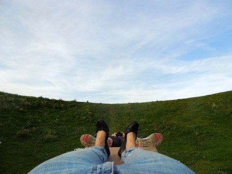 Lying on the bench in the crater